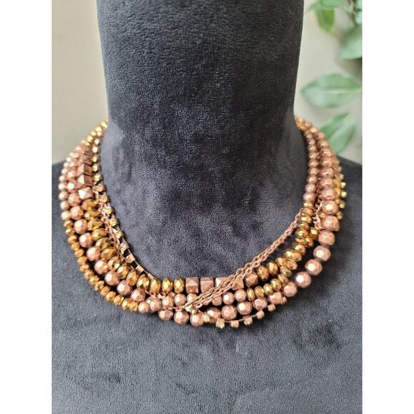 Women's Multi-Chain Beaded Necklace with Lobster Clasp Rose Gold and Yellow - Picture 1 of 6